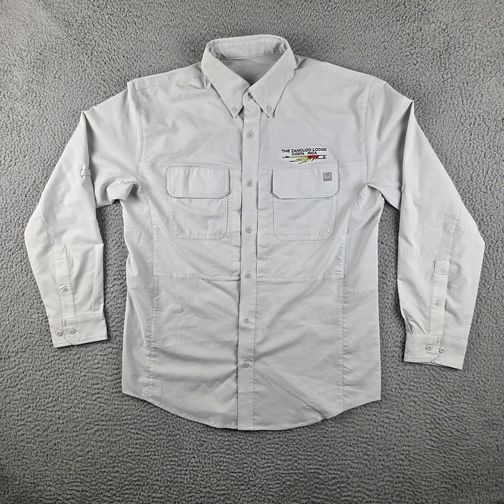 Huk Shirt‎ Mens Medium Gray Button-Down Performance Fishing L/S Zancudo Lodge CR
